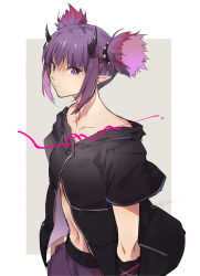Rule 34 | 1girl, arknights, black gloves, black jacket, border, breasts, collarbone, demon horns, gloves, grey background, highres, horns, jacket, lava (arknights), looking at viewer, navel, no shirt, o kita915, one-hour drawing challenge, outside border, purple eyes, purple hair, purple skirt, short hair, short sleeves, short twintails, sidelocks, simple background, skirt, small breasts, solo, twintails, white border