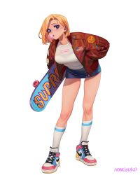 Rule 34 | 1girl, alternate costume, american flag, android 18, blonde hair, blue eyes, breasts, blowing bubbles, chewing gum, dragon ball, earrings, full body, highres, holding, holding skateboard, hongcasso, jacket, jewelry, kneehighs, large breasts, long sleeves, nike (company), open mouth, red jacket, shirt, shoes, short hair, skateboard, sneakers, socks, solo, streetwear, stud earrings, supreme (brand), white shirt, white socks