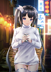 Rule 34 | 1girl, black hair, blue eyes, breasts, can, canned coffee, casual, commentary, dating, dress, drink can, dungeon ni deai wo motomeru no wa machigatteiru darou ka, english commentary, hair ribbon, hestia (danmachi), highres, jewelry, large breasts, long hair, looking at viewer, night, ornate ring, pov, rara086, ribbed sweater, ribbon, ring, solo, sweater, sweater dress, thigh gap, thighhighs, turtleneck, turtleneck sweater, twintails, wedding ring, white ribbon, white sweater, white thighhighs, zettai ryouiki