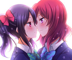 Rule 34 | 10s, 2girls, bad id, bad pixiv id, black hair, black jacket, blush, bow, bowtie, eye contact, face-to-face, hair bow, haruki sato, highres, imminent kiss, jacket, looking at another, love live!, love live! school idol project, multiple girls, nervous, nishikino maki, purple eyes, red hair, school uniform, short hair, sidelocks, simple background, star (symbol), striped bow, striped bowtie, striped clothes, striped neckwear, twintails, white background, wing collar, yazawa nico, yuri