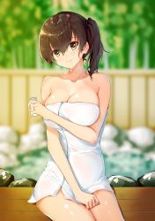 Rule 34 | 1girl, absurdres, baozha gangbi, blurry, blurry background, bottle, brown eyes, brown hair, highres, holding, holding bottle, jewelry, kaga (kancolle), kantai collection, looking at viewer, medium hair, milk bottle, naked towel, onsen, ring, side ponytail, smile, solo, towel, wedding band, wet, white towel