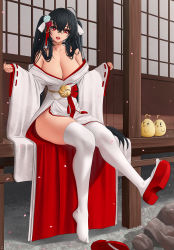 Rule 34 | 1girl, ahoge, architecture, azur lane, bare shoulders, black hair, breasts, bride, cleavage, collarbone, crossed bangs, east asian architecture, feet, flower, hair flower, hair ornament, highres, huge breasts, japanese clothes, kimono, legs, long hair, looking at viewer, manjuu (azur lane), off shoulder, okobo, open mouth, red eyes, red ribbon, red skirt, ribbon, sandals, sidelocks, sitting, skirt, solo, taihou (azur lane), thighhighs, thighs, twintails, very long hair, white kimono, white thighhighs, wide sleeves, zaphn