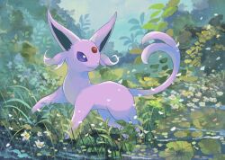 Rule 34 | animal focus, bright pupils, closed mouth, commentary, creatures (company), espeon, falling petals, flower, forehead jewel, full body, game freak, gen 2 pokemon, grass, highres, lily pad, looking back, nintendo, no humans, outdoors, petals, pokemon, pokemon (creature), purple eyes, solo, symbol-only commentary, volpecorvo, white flower, white pupils