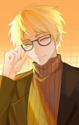Rule 34 | 1boy, adjusting eyewear, atou haruki, black jacket, blonde hair, brown sweater, chinese commentary, closed eyes, closed mouth, commentary request, glasses, hand on eyewear, highres, jacket, long sleeves, male focus, open clothes, open jacket, ribbed sweater, saibou shinkyoku, shi mo qi wa, short hair, smile, solo, sweater, turtleneck, turtleneck sweater