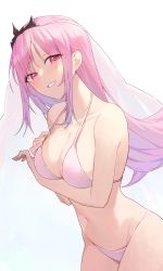 Rule 34 | 1girl, absurdres, arm under breasts, bikini, blush, breast hold, breasts, bridal veil, collarbone, halterneck, highres, hololive, hololive english, large breasts, long hair, looking at viewer, mori calliope, pink bikini, pink hair, simple background, smile, solo, starshell, string bikini, swimsuit, veil, virtual youtuber, white bikini
