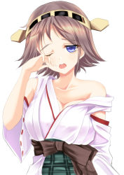 Rule 34 | 10s, bad id, bad pixiv id, blue eyes, brown hair, detached sleeves, drooling, hairband, hiei (kancolle), japanese clothes, kantai collection, off shoulder, open mouth, personification, ponytail korosuke, rubbing eyes, short hair, sleepy, wink