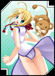 Rule 34 | 00s, 1girl, ahoge, alternate costume, artoria pendragon (all), artoria pendragon (fate), ass, back, blonde hair, china dress, chinese clothes, clothes lift, dress, dress lift, dutch angle, fate/stay night, fate (series), from behind, green eyes, hair bun, hair ribbon, lion, looking back, panties, r-gray, ribbon, saber (fate), single hair bun, skirt, skirt lift, solo, standing, stuffed animal, stuffed lion, stuffed toy, thigh gap, thighs, underwear, white panties, wind, wind lift
