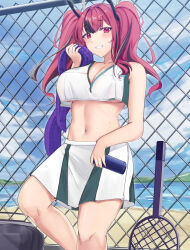 Rule 34 | 1girl, azur lane, bare arms, bare shoulders, blue sky, breasts, bremerton (azur lane), bremerton (scorching-hot training) (azur lane), chain-link fence, cleavage, clenched teeth, cloud, commentary request, crop top, crop top overhang, day, feet out of frame, fence, grey hair, hand up, highres, holding, holding towel, large breasts, long hair, looking at viewer, midriff, miniskirt, multicolored hair, navel, outdoors, pink eyes, pink hair, racket, ref (pmxt4483), shirt, skirt, sky, sleeveless, sleeveless shirt, solo, standing, stomach, streaked hair, teeth, tennis racket, towel, twintails, white shirt, white skirt