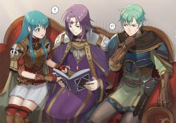 Rule 34 | !, 1girl, 2boys, ?, aqua hair, armor, belt, blue eyes, book, breastplate, brother and sister, brown gloves, cape, circlet, closed mouth, couch, eirika (fire emblem), ephraim (fire emblem), fingerless gloves, fire emblem, fire emblem: the sacred stones, gloves, holding, holding book, kyufe, long hair, long sleeves, lyon (fire emblem), multiple boys, nintendo, open book, open mouth, purple eyes, purple hair, short hair, short sleeves, siblings, sitting, skirt, spoken exclamation mark, spoken question mark, thighhighs, white skirt
