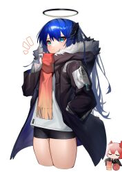 Rule 34 | 2girls, absurdres, arknights, black jacket, black shorts, blue eyes, blue hair, character name, chibi, chibi inset, closed mouth, commentary request, cool est, cropped legs, dated, demon horns, expressionless, fiammetta (arknights), fur-trimmed hood, fur trim, gloves, gradient scarf, halo, hand in pocket, hand up, highres, hood, hood down, hooded jacket, horns, jacket, knitting, knitting needle, long hair, long sleeves, looking at viewer, mostima (arknights), multiple girls, needle, open clothes, open jacket, red hair, red scarf, scarf, shorts, simple background, solo focus, white background, white gloves, yarn, yellow scarf