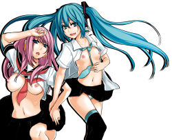Rule 34 | 2girls, ask02, breasts, hatsune miku, highres, large breasts, megurine luka, multiple girls, navel, necktie, nipples, open clothes, open mouth, open shirt, panties, school uniform, serafuku, shirt, simple background, skirt, smile, striped clothes, striped panties, thighhighs, twintails, underwear, vocaloid