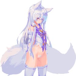 Rule 34 | 1girl, animal ears, arms behind back, bare shoulders, bottomless, breasts, byakuyoi, cleft of venus, closed mouth, detached sleeves, dress, expressionless, facial mark, feet out of frame, female focus, female pubic hair, fox ears, fox girl, fox tail, hair ornament, hand on own arm, head tilt, highres, jewelry, large tail, long hair, looking at viewer, multicolored clothes, nontraditional miko, original, petite, pixel art, pubic hair, purple eyes, purple ribbon, pussy, ribbon, sidelocks, small breasts, solo, standing, tail, thick thighs, thighhighs, thighs, torn clothes, transparent background, uncensored, very long hair, white dress, white hair, white pubic hair, white thighhighs
