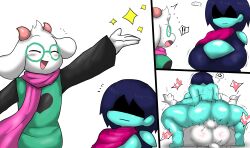 Rule 34 | 1boy, 1girl, amazon position, anal, ass, blush, breasts, clothed sex, clothes, deltarune, enigi09, femdom, heart, highres, huge breasts, kris (deltarune), large penis, nervous, open mouth, penis, ralsei, sex, simple background, speech bubble, white background