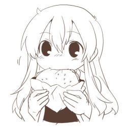 Rule 34 | 10s, 1girl, akagi (kancolle), bad id, bad twitter id, burger, eating, food, hair between eyes, kantai collection, long hair, lowres, monochrome, rebecca (keinelove), solo, white background
