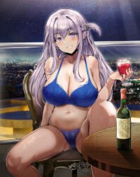 Rule 34 | 1girl, alcohol, balcony, bare shoulders, blue bra, blue panties, blush, bottle, bra, braid, breasts, cityscape, cleavage, collarbone, commission, commissioner upload, crescent, crescent hair ornament, cup, cupping glass, dot nose, drinking glass, floating hair, french braid, hair ornament, hairpin, highres, holding, holding cup, lace, lace bra, lace panties, large breasts, long hair, looking at viewer, navel, night, night sky, on chair, original, panties, purple eyes, purple hair, red wine, side ahoge, sitting, sky, solo, star (sky), starry sky, straight hair, swept bangs, t3x, table, underwear, underwear only, wine, wine bottle, wine glass, wooden table
