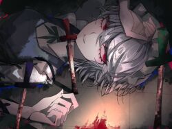 Rule 34 | 1girl, 33 gaff, blood, commentary, grey hair, izayoi sakuya, knife, looking at viewer, maid headdress, parted lips, red eyes, short hair, solo, touhou, upper body