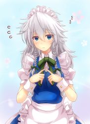 Rule 34 | 1girl, apron, blue eyes, blush, braid, commentary request, fingers together, flying sweatdrops, highres, index fingers together, izayoi sakuya, long hair, maid headdress, mickey dunn, ribbon, silver hair, solo, touhou, twin braids, upper body, waist apron, wrist cuffs