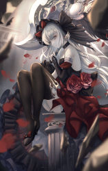 Rule 34 | 1girl, ass, bare shoulders, black choker, black legwear, blurry, blurry background, bow, breasts, choker, cleavage, detached sleeves, dress, flower, from side, grey hair, hair bow, hair ornament, high heels, highres, holding, holding weapon, long hair, looking at viewer, medium breasts, neon (pixiv 31150749), original, petals, pillar, red bow, red flower, rose, shoes, sitting, smile, weapon