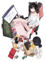 Rule 34 | 1girl, absurdres, animal ear headphones, animal ears, bitcoin, black hair, book, bubble tea, can, cat ear headphones, cellphone, chewing gum, chips (food), cup ramen, desktop, drink can, drinking straw, drugs, fake animal ears, fingernails, flat screen tv, food, grey eyes, headphones, highres, instant ramen, keyboard (computer), kirby, kirby (series), league of legends, long fingernails, microphone, modare, monitor, mouse (computer), nintendo, noodles, original, phone, potato chips, ramen, simple background, smartphone, soda can, solo, television, tin can, toilet paper, trash bag, wet wipes, white background