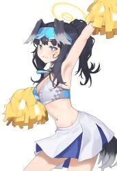 Rule 34 | 1girl, absurdres, animal ears, arm up, armpits, bare arms, bare shoulders, black hair, blue archive, blue eyes, blush, breasts, cheering, cheerleader, cowboy shot, crop top, dog ears, dog girl, dog tail, eyewear on head, hair ornament, halo, hibiki (blue archive), hibiki (cheer squad) (blue archive), highres, holding, long hair, looking at viewer, medium breasts, midriff, millennium cheerleader outfit (blue archive), miniskirt, navel, official alternate costume, pleated skirt, pom pom (cheerleading), skirt, sleeveless, solo, standing, star sticker, sticker on face, stomach, tail, text print, white background, yzr (yzr99)