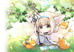 Rule 34 | 1girl, animal, animal ear fluff, animal ears, arknights, bare shoulders, bento, black footwear, blonde hair, blue hairband, blush, braid, braided hair rings, chibi, closed mouth, clothing cutout, collar, commentary request, dress, food, fox, fox ears, fox girl, fox tail, frilled dress, frills, full body, hair rings, hairband, holding, holding food, holding staff, infection monitor (arknights), kitsune, knees up, kyuubi, looking at viewer, material growth, multiple tails, oripathy lesion (arknights), outdoors, pantyhose, purple dress, purple pantyhose, sandwich, shoes, short hair, shoulder cutout, sitting, smile, solo, staff, suzuran (arknights), tail, takamura masaya, yellow eyes