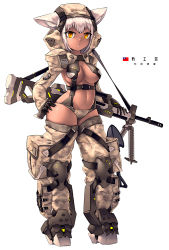 Rule 34 | 1girl, animal ear fluff, animal ears, black gloves, boots, breasts, camouflage, camouflage headwear, camouflage legwear, camouflage panties, camouflage shirt, carrying over shoulder, chestnut mouth, chinese commentary, chinese text, combat helmet, commentary request, dark-skinned female, dark skin, desert camouflage, fang zhenjun, fantasy, full body, gloves, gun, hand on own hip, helmet, knee pads, large breasts, linea alba, looking at viewer, machine gun, medium hair, military, original, panties, pouch, republic of china flag, shirt, shoulder strap, shrug (clothing), simple background, soldier, suspender panties, suspenders, tactical clothes, thigh boots, thigh pouch, thighhighs, thighs, translation request, underboob, underwear, weapon, white background, white hair, yellow eyes