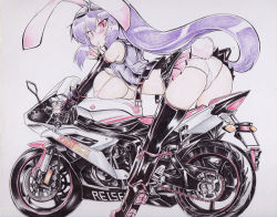 Rule 34 | 1girl, adapted costume, all fours, animal ears, ass, bare shoulders, belt, bent over, blush, boots, breast rest, breasts, colorized, condom, covered erect nipples, curvy, female focus, goggles, goggles on head, heart, knee boots, large breasts, light purple hair, long hair, microskirt, motor vehicle, motorcycle, mouth hold, okiraku nikku, panties, pantyshot, pink panties, rabbit ears, rabbit girl, rabbit tail, red eyes, reisen udongein inaba, revealing clothes, shikishi, skirt, slit pupils, solo, tail, thighhighs, touhou, traditional media, underwear, upskirt, vehicle, very long hair