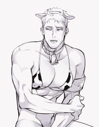 Rule 34 | 1boy, abs, absurdres, alternate costume, animal ears, animal print, armband, bara, bottomless, bra, chengzhineixihuanxiaogou, covered erect nipples, covering privates, covering crotch, cow boy, cow ears, cow horns, cow print, facial hair, fake animal ears, goatee, greyscale, highres, horns, jewelry, large pectorals, male focus, monochrome, neck ring, out-of-frame censoring, pectoral cleavage, pectorals, print bra, reiner braun, shingeki no kyojin, short hair, sidepec, solo, stubble, toned, toned male, underwear, underwear only