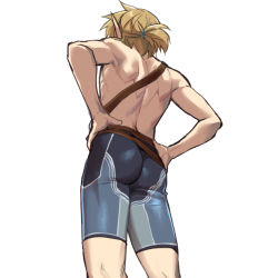 Rule 34 | 1boy, ass, back, blonde hair, facing away, from behind, from below, hands on own hips, legs apart, link, male focus, medium hair, monbetsu kuniharu, nintendo, pointy ears, short ponytail, shorts, simple background, skin tight, solo, standing, the legend of zelda, the legend of zelda: breath of the wild, topless male, white background