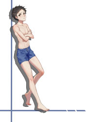 Rule 34 | 10s, 1boy, absurdres, aged up, bare legs, barefoot, black hair, blue male swimwear, blue swim trunks, blush, brown eyes, closed mouth, clothes lift, collarbone, crossed arms, drawstring, expressionless, from behind, full body, highres, karakai jouzu no takagi-san, leaning, looking at viewer, looking to the side, male swimwear, meng xi ds, navel, nishikata, shirt lift, stomach, swim trunks, swimsuit, toes, white background