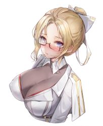 Rule 34 | 1girl, blonde hair, blue eyes, blush, bodystocking, breasts, character request, chinese commentary, cleavage, closed mouth, commentary request, cropped torso, detached collar, glasses, hair ribbon, highres, jacket, kuza brs, large breasts, looking at viewer, ribbon, short hair, sidelocks, simple background, solo, upper body, warship girls r, white background, white jacket, white ribbon