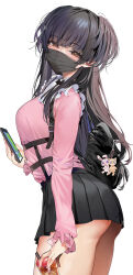 Rule 34 | 1girl, ass, backpack, bag, black bag, black bow, black bowtie, black hair, black mask, black skirt, blue eyes, bow, bowtie, breasts, brown eyes, cellphone, commentary, highres, idolmaster, idolmaster shiny colors, jirai kei, long hair, long sleeves, looking at viewer, marushin (denwa0214), mask, mayuzumi fuyuko, medium breasts, miniskirt, mouth mask, phone, pink shirt, purple eyes, revision, shirt, skirt, smartphone, solo, surgical mask, two side up, underbutt