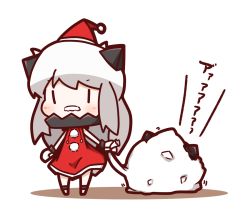Rule 34 | 10s, 1girl, abyssal ship, alternate costume, chibi, hat, horns, kantai collection, long hair, looking at viewer, mittens, northern ocean princess, nuu (nu-nyu), pale skin, santa costume, santa hat, silver hair, solo, translation request, white mittens