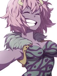 Rule 34 | 10s, 1girl, ^ ^, armpits, ashido mina, boku no hero academia, breasts, buttons, cleavage, closed eyes, colored skin, crop top, female focus, fur trim, grin, happy, highres, horns, impossible clothes, majimelon, open clothes, open vest, outstretched arms, pink hair, purple hair, purple skin, short hair, simple background, smile, solo, spread arms, teeth, unitard, upper body, vest, white background