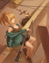 Rule 34 | 1girl, absurdres, animal ears, arknights, bag, black footwear, black shorts, black tank top, boots, breasts, brown eyes, brown hair, candy, cleavage, duffel bag, female focus, food, food in mouth, green jacket, highres, jacket, large breasts, lion ears, lion girl, lion tail, lollipop, long hair, off shoulder, official alternate costume, pants, ponytail, rlonely zhuazi, shorts, siege (arknights), siege (legacy) (arknights), sitting, solo, tail, tank top, war hammer, weapon