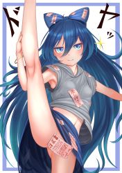 Rule 34 | 1girl, armpits, bangle, blue bow, blue eyes, blue hair, blue skirt, blush, border, bow, bracelet, breasts, commentary request, cowboy shot, doyagao, gluteal fold, grey shirt, hair between eyes, hair bow, hand on leg, harunoha, highres, jewelry, long hair, looking at viewer, maebari, midriff, navel, no panties, ofuda, ofuda on clothes, ofuda on pussy, shirt, simple background, skirt, small breasts, smile, smug, solo, sound effects, sparkle, split, standing, standing on one leg, standing split, thighs, torn clothes, touhou, two-tone background, very long hair, white background, yorigami shion
