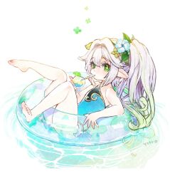 1girl alternate_costume artist_name bare_shoulders barefoot blue_flower blue_innertube blue_one-piece_swimsuit cocktail_glass commentary_request cup drinking drinking_glass drinking_straw flower from_side genshin_impact gradient_hair green_eyes green_hair hair_between_eyes hair_flower hair_ornament highres holding holding_cup innertube leaf_hair_ornament long_hair multicolored_hair nahida_(genshin_impact) on_innertube one-piece_swimsuit pointy_ears side_ponytail solo swim_ring swimsuit symbol-shaped_pupils toes toro_astro water white_background white_hair