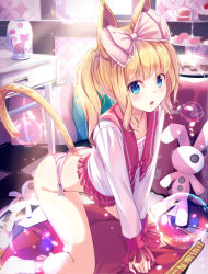 Rule 34 | 1girl, :o, all fours, animal ears, animal print, ass, backlighting, blonde hair, blouse, blue eyes, blush, bow, bubble, cake stand, cat ears, cat print, cat tail, day, food, hair bow, indoors, long hair, long sleeves, looking at viewer, md5 mismatch, no pants, open mouth, original, panties, pastry, pink bow, resolution mismatch, school uniform, serafuku, shirt, side-tie panties, sidelocks, solo, source larger, striped clothes, striped panties, stuffed animal, stuffed rabbit, stuffed toy, sunlight, tail, teeth, thighs, tiered tray, twintails, underwear, wavy hair, white shirt, yan (nicknikg)