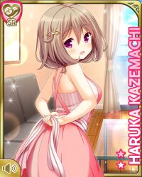Rule 34 | 1girl, :d, apron, bare arms, brown dress, brown hair, card (medium), character name, day, dress, girlfriend (kari), grey shirt, hair ornament, hairclip, indoors, jewelry, kazemachi haruka, looking at viewer, necklace, no sleeves, official art, open mouth, pearl necklace, pink apron, qp:flapper, red eyes, shirt, short hair, smile, solo, tagme, tying