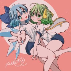 Rule 34 | 2girls, absurdres, bloomers, blue bloomers, blue bow, blue eyes, blue hair, blue nails, bow, cirno, daiyousei, fairy wings, green eyes, green hair, gym uniform, hair bow, highres, ice, ice wings, looking at another, looking at viewer, multiple girls, salt (seasoning), shirt, short hair, touhou, v, white shirt, wings