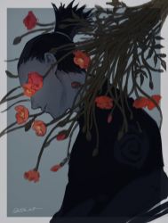 Rule 34 | 006 wa, 1boy, black shirt, blurry, bouquet, closed mouth, covered eyes, depth of field, flower, flower over eye, from side, grey background, hair pulled back, highres, long sleeves, male focus, nara shikamaru, naruto (series), naruto shippuuden, outside border, ponytail, poppy (flower), profile, red flower, shirt, simple background, solo, twitter username, upper body