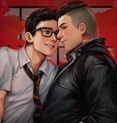 Rule 34 | 2boys, absurdres, black hair, black jacket, closed mouth, collared shirt, david king (dead by daylight), dead by daylight, dessa nya, dwight fairfield, highres, jacket, looking at another, male focus, multiple boys, neck tattoo, necktie, shirt, short hair, smile, tattoo, upper body, white shirt, yaoi