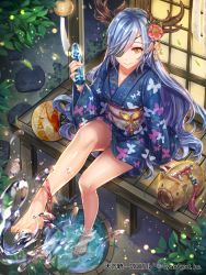 Rule 34 | 1girl, animal print, anklet, antlers, arm support, bare legs, barefoot, blue hair, bottle, brooch, bucket, bucket of water, building, butterfly print, camellia, company name, copyright name, dirt, eyelashes, eyepatch, feet, flower, from above, glint, gradient hair, hair flower, hair ornament, hair over one eye, hand fan, holding, holding bottle, horns, japanese clothes, jewelry, kimono, legs, light particles, long hair, long sleeves, multicolored hair, obi, official art, outdoors, paper fan, plant, print kimono, purple hair, ramune, sash, short kimono, sila (carpen), sitting, smile, soaking feet, solo, splashing, summer, swept bangs, tassel, tenka touitsu chronicle, thighs, uchiwa, veranda, very long hair, water, water drop, watermark, wind chime, yellow eyes
