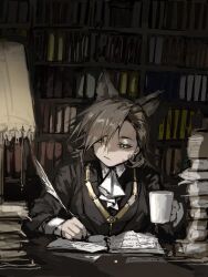 Rule 34 | 1girl, animal ears, arknights, ascot, black jacket, black nails, book, book stack, bookshelf, brown hair, cup, desk lamp, duya (ehouhouohahaha), highres, holding, holding cup, holding quill, indoors, jacket, lamp, looking down, mug, notebook, penance (arknights), quill, short hair, sketch, solo, swept bangs, upper body, white ascot, wolf ears, writing, yellow eyes