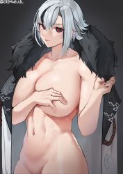 Rule 34 | 1girl, absurdres, arlecchino (genshin impact), black hair, blush, breasts, coat, coat on shoulders, collarbone, cromwellb, fur-trimmed coat, fur trim, genshin impact, grey eyes, grey hair, hair between eyes, highres, large breasts, looking at viewer, multicolored hair, naked coat, navel, red pupils, short hair, smile, solo, streaked hair, symbol-shaped pupils, white coat, x-shaped pupils