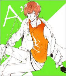 Rule 34 | 1boy, 5574iahu, a (dear vocalist), black gloves, character name, dear vocalist, gloves, green background, jacket, long sleeves, male focus, medium hair, multicolored background, open mouth, orange hair, orange tank top, pants, purple eyes, sketch, smile, solo, tank top, teeth, white background, white jacket, white pants
