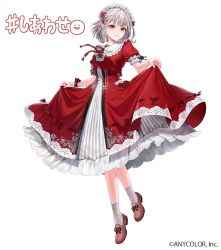 Rule 34 | 1girl, company name, copyright notice, dress, elu (8th costume) (nijisanji), elu (nijisanji), frills, highres, hoojiro, loafers, looking at viewer, maid headdress, nijisanji, official art, parted lips, pointy ears, red dress, red eyes, ribbon trim, shoes, short hair, short sleeves, silver hair, simple background, socks, solo, virtual youtuber, white background