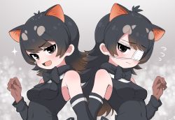 Rule 34 | 2girls, australian devil (kemono friends), back bow, bare shoulders, black hair, black shirt, bow, bowtie, brown eyes, brown hair, commentary request, elbow gloves, extra ears, eyepatch, fang, flying sweatdrops, gloves, kemono friends, long hair, multicolored hair, multiple girls, open mouth, ransusan, shirt, short hair, sleeveless, tasmanian devil (kemono friends), tasmanian devil ears, tasmanian devil girl, tasmanian devil tail, wavy mouth, white hair