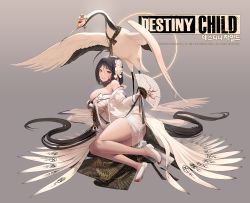 Rule 34 | 1girl, ahoge, all fours, bare shoulders, bari (destiny child), bird, black hair, breasts, copyright name, destiny child, detached sleeves, dress, full body, hair ornament, hand fan, highres, holding, holding fan, korean text, large breasts, logo, long hair, looking at viewer, mole, mole under mouth, official art, shoe soles, smile, solo, strapless, strapless dress, very long hair, white dress, yellow eyes, zig90