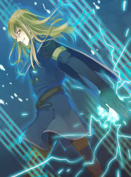 Rule 34 | 00s, 1boy, belt, blue theme, brown hair, cape, coat, glasses, gloves, jade curtiss, lightning, long hair, magic, male focus, red eyes, smile, solo, tales of (series), tales of the abyss